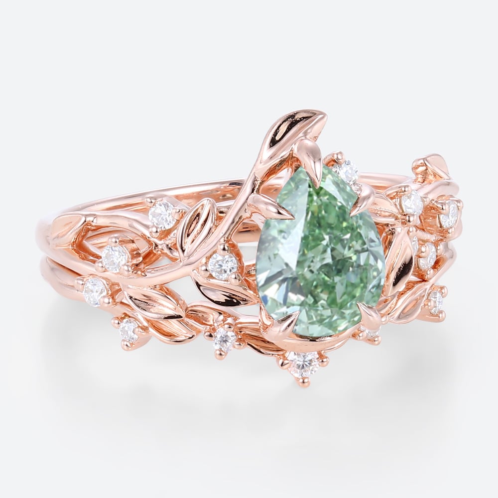 1ct Lab Green Diamond Engagement Ring Set Organic-Designed 5 Claw Prong Engagement Ring in White Gold