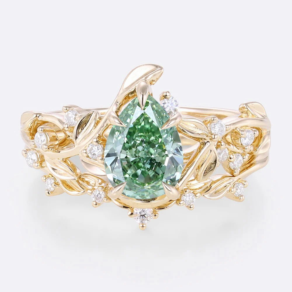 1ct Lab Green Diamond Engagement Ring Set Organic-Designed 5 Claw Prong Engagement Ring in White Gold