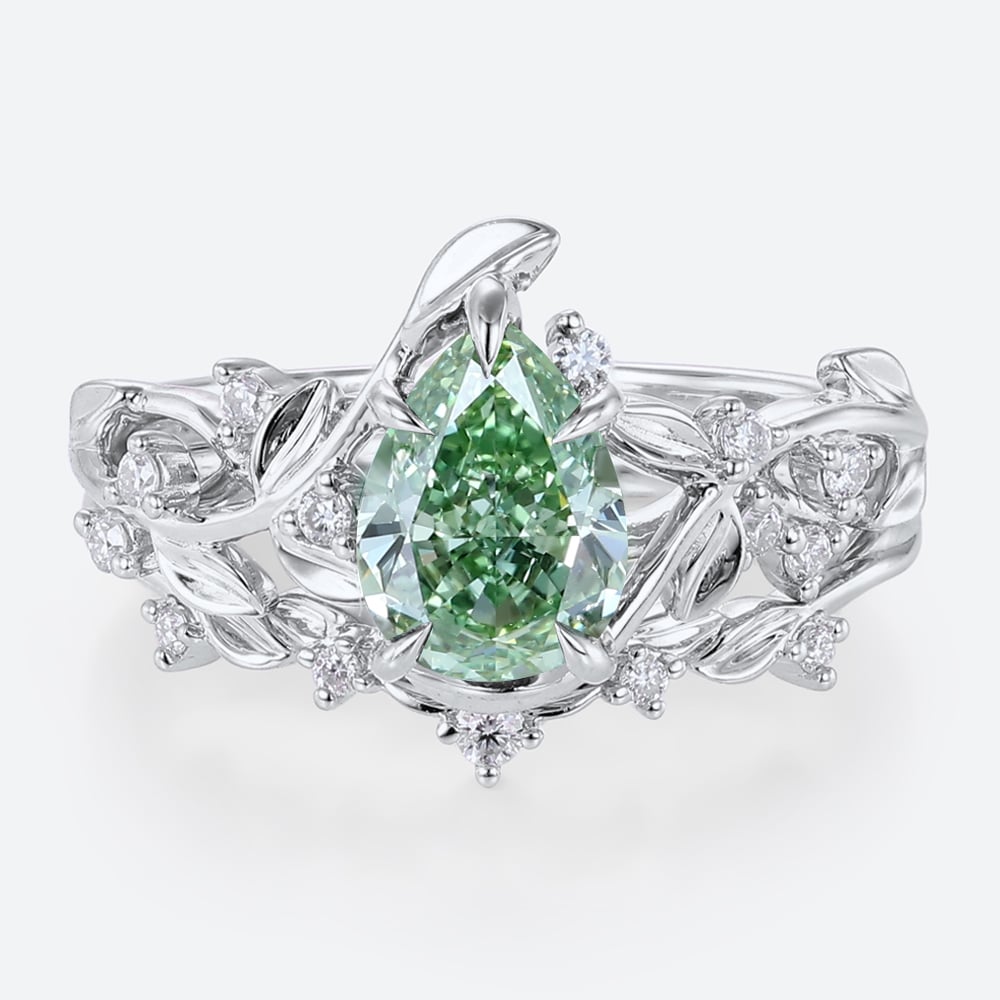 1ct Lab Green Diamond Engagement Ring Set Organic-Designed 5 Claw Prong Engagement Ring in White Gold
