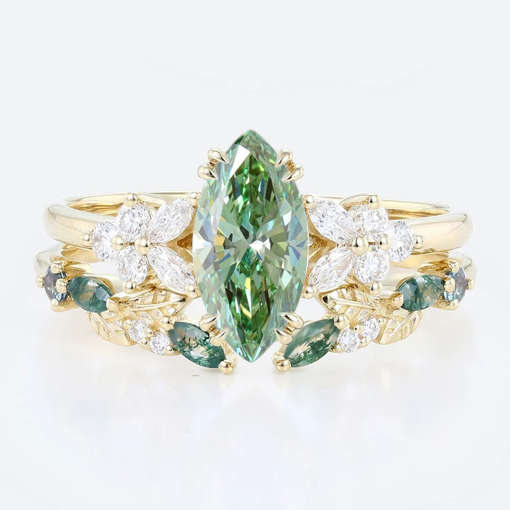 1ct Marquise Cut Lab Green Diamond Ring Set Nature-Inspired 4 Double Claw Prong Engagement Ring in Yellow Gold