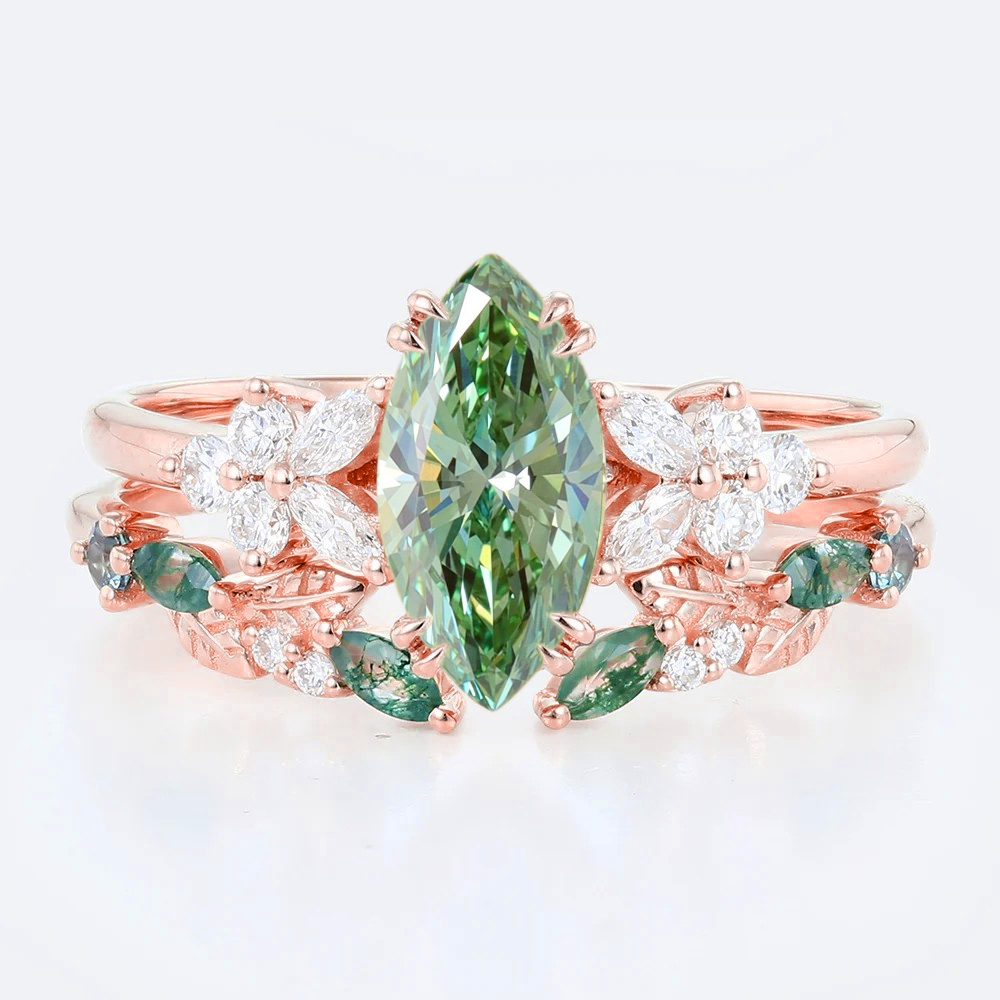 1ct Marquise Cut Lab Green Diamond Ring Set Nature-Inspired 4 Double Claw Prong Engagement Ring in Rose Gold