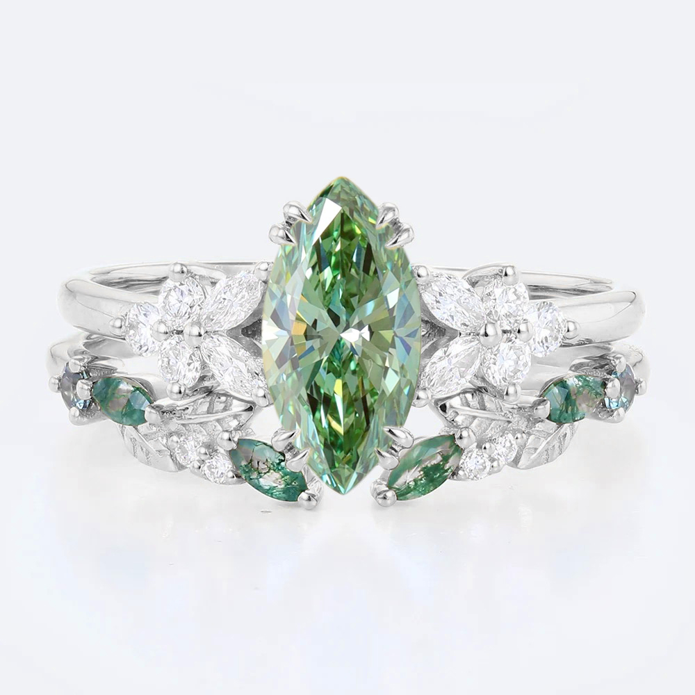 1ct Marquise Cut Lab Green Diamond Ring Set Nature-Inspired 4 Double Claw Prong Engagement Ring in White Gold