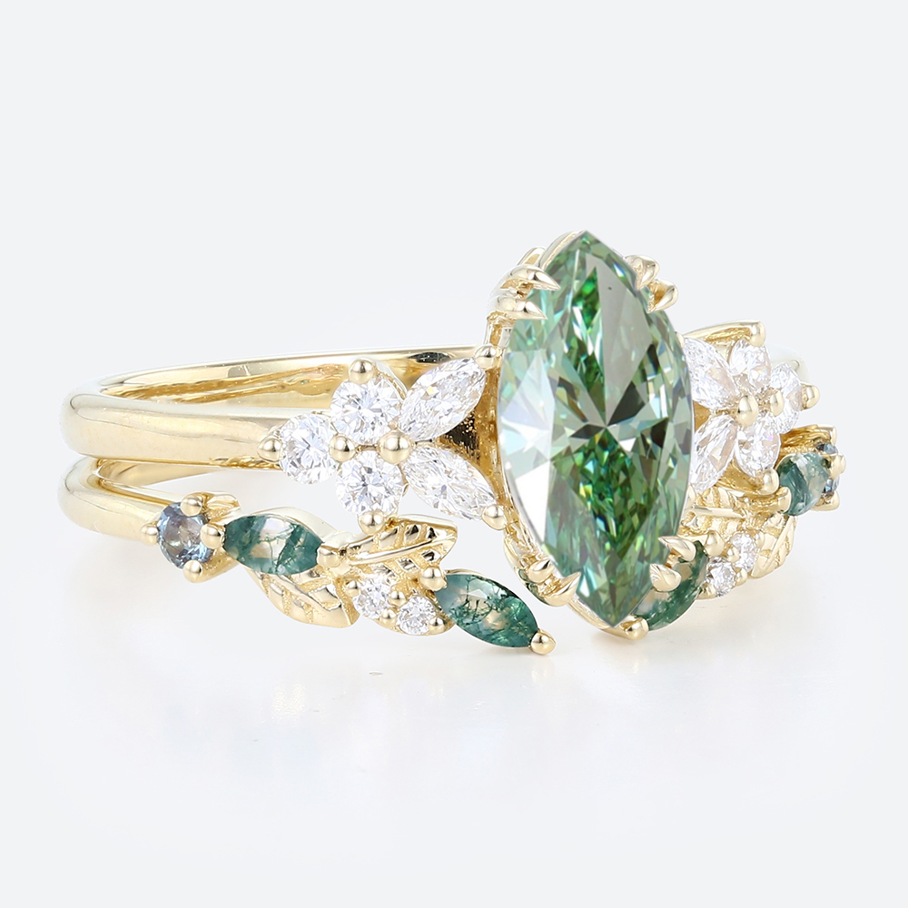 1ct Marquise Cut Lab Green Diamond Ring Set Nature-Inspired 4 Double Claw Prong Engagement Ring in Yellow Gold