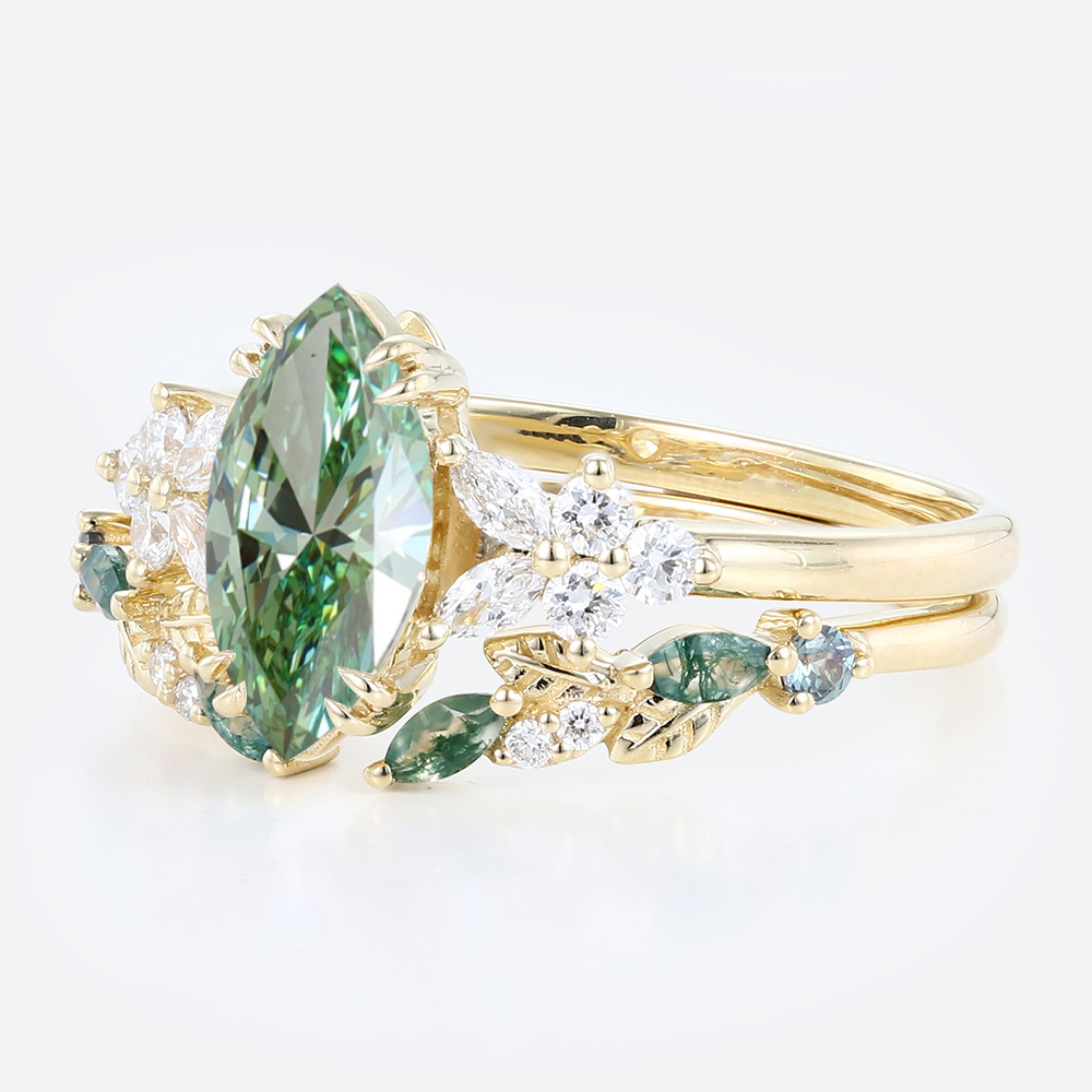 1ct Marquise Cut Lab Green Diamond Ring Set Nature-Inspired 4 Double Claw Prong Engagement Ring in Yellow Gold