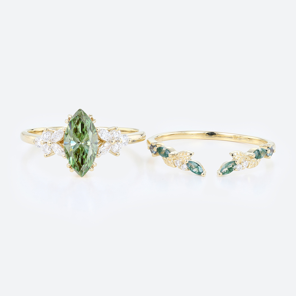 1ct Marquise Cut Lab Green Diamond Ring Set Nature-Inspired 4 Double Claw Prong Engagement Ring in Yellow Gold