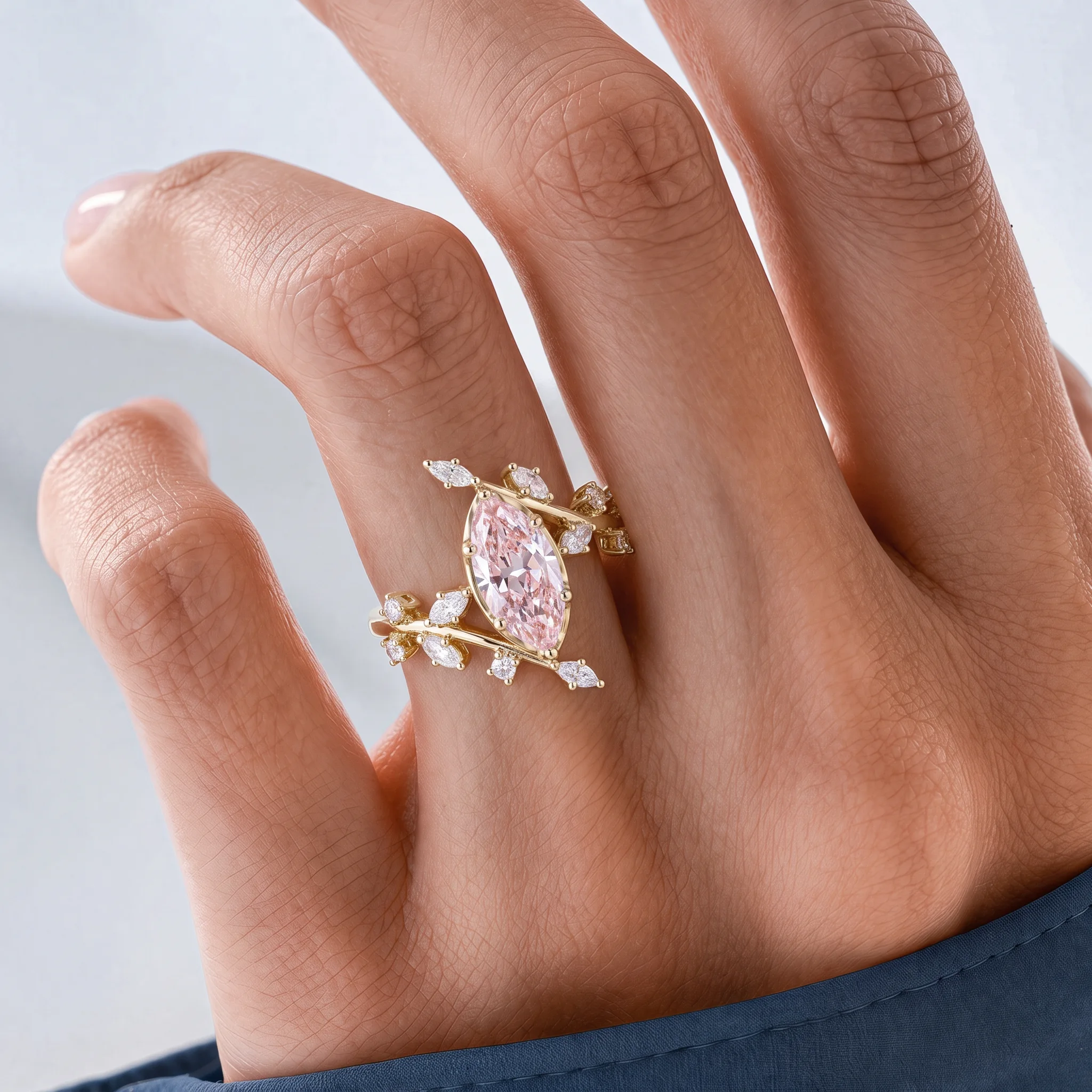1ct Marquise Cut Lab Grown Pink Diamond Leaf Bypass Engagement Ring in Yellow Gold
