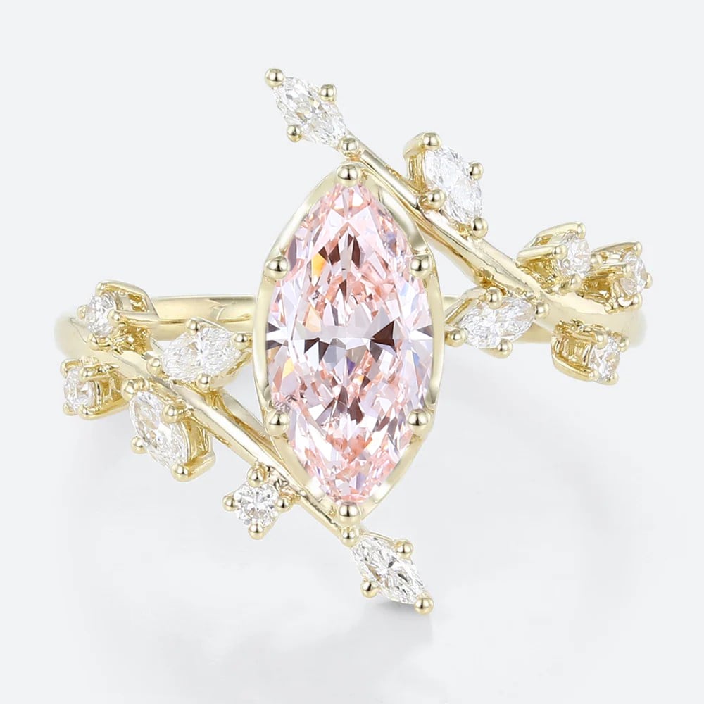 1ct Marquise Cut Lab Pink Diamond Engagement Ring Bypass 6 Claw Prong in Yellow Gold
