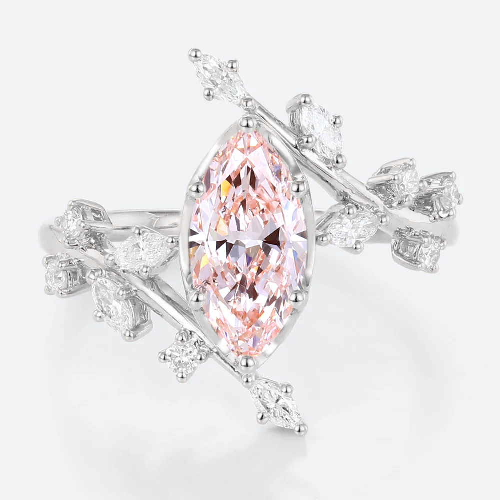 1ct Marquise Cut Lab Pink Diamond Engagement Ring Bypass 6 Claw Prong in White Gold
