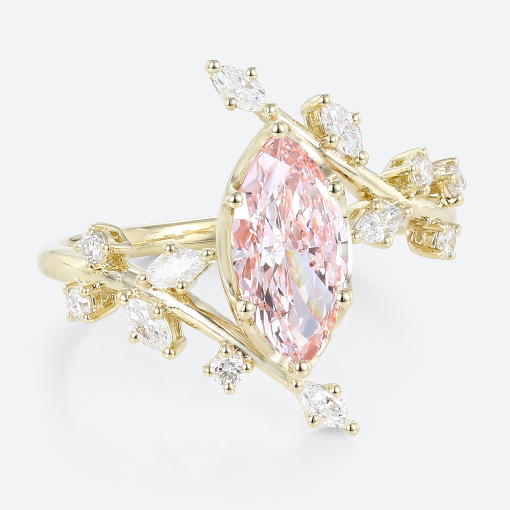 1ct Marquise Cut Lab Pink Diamond Engagement Ring Bypass 6 Claw Prong in Yellow Gold
