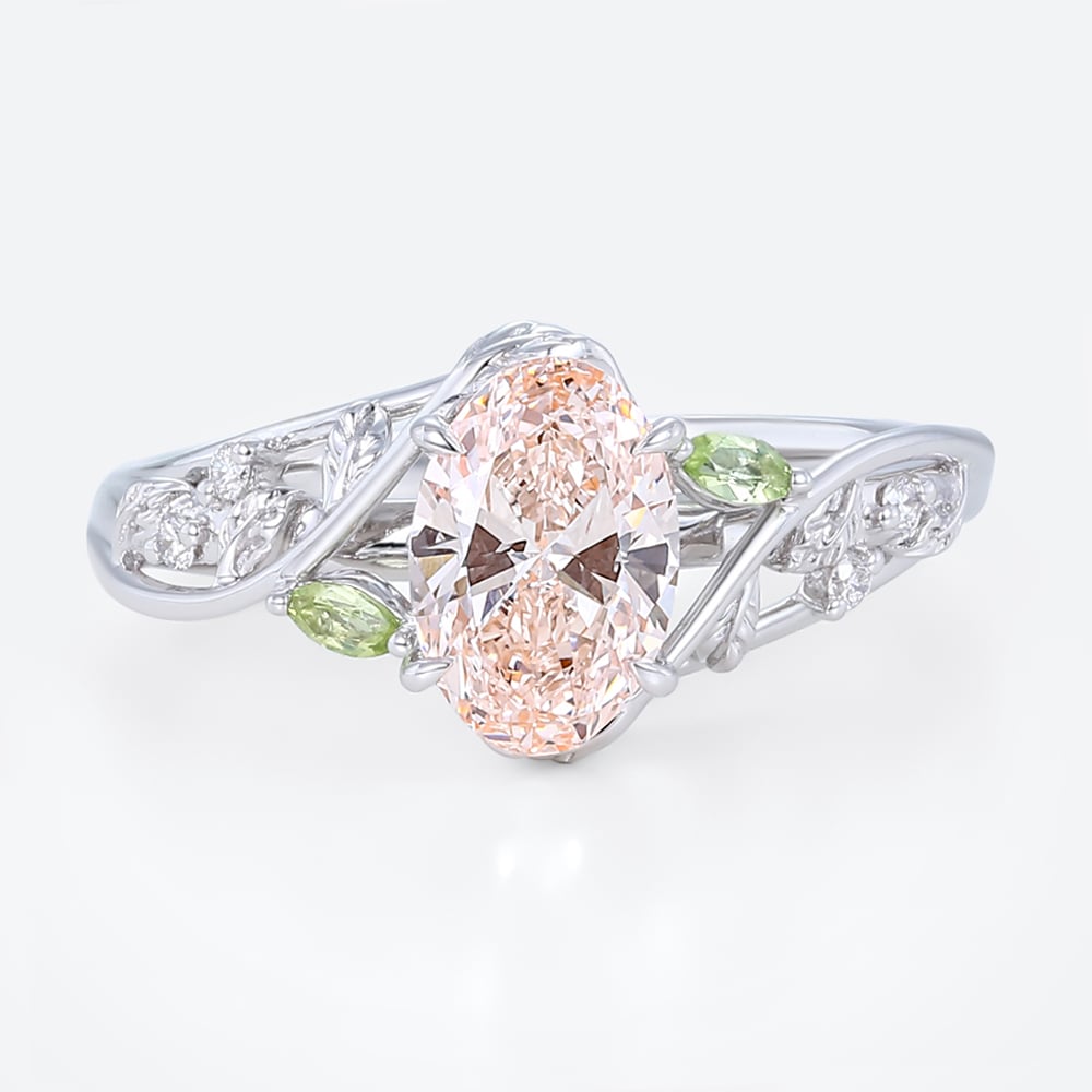 1ct Oval Lab Diamond and Pink Engagement Ring Botanical Bloom 4 Claw Prong Ring in White Gold