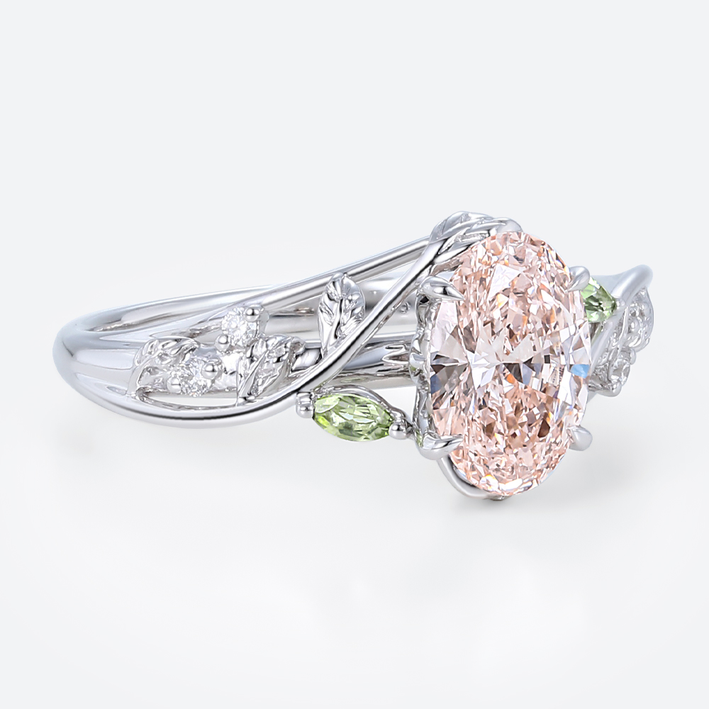 1ct Oval Lab Diamond and Pink Engagement Ring Botanical Bloom 4 Claw Prong Ring in White Gold