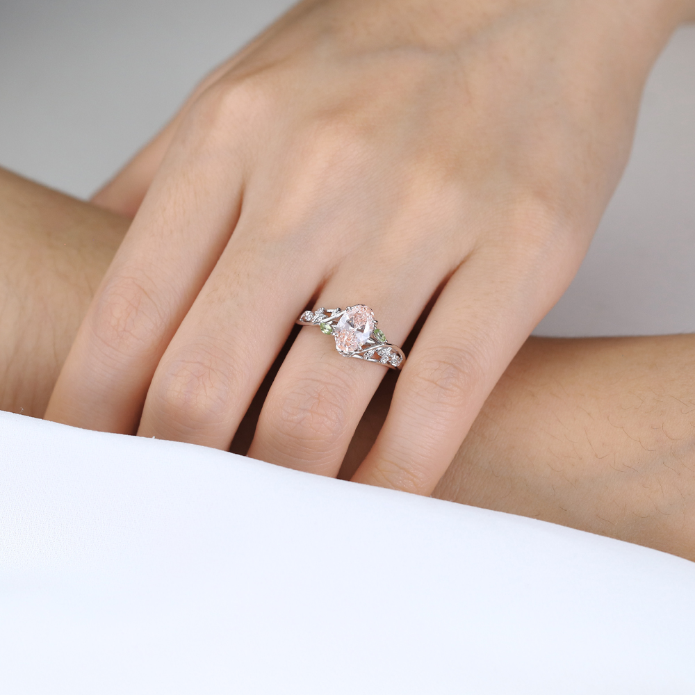 1ct Oval Lab Diamond and Pink Engagement Ring Botanical Bloom 4 Claw Prong Ring in White Gold