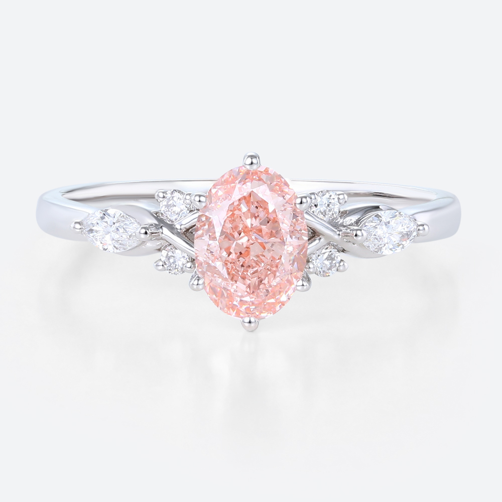 White Gold Oval Cut Pink Diamond Ring 1ct Lab Diamond Cluster 6-Prong Ring