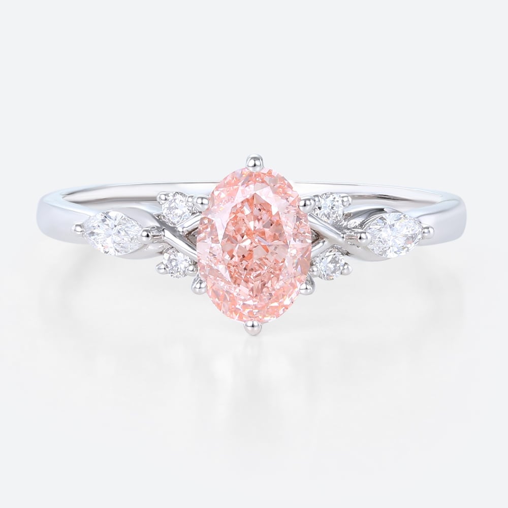 White Gold Oval Cut Pink Diamond Ring 1ct Lab Diamond Cluster 6-Prong Ring