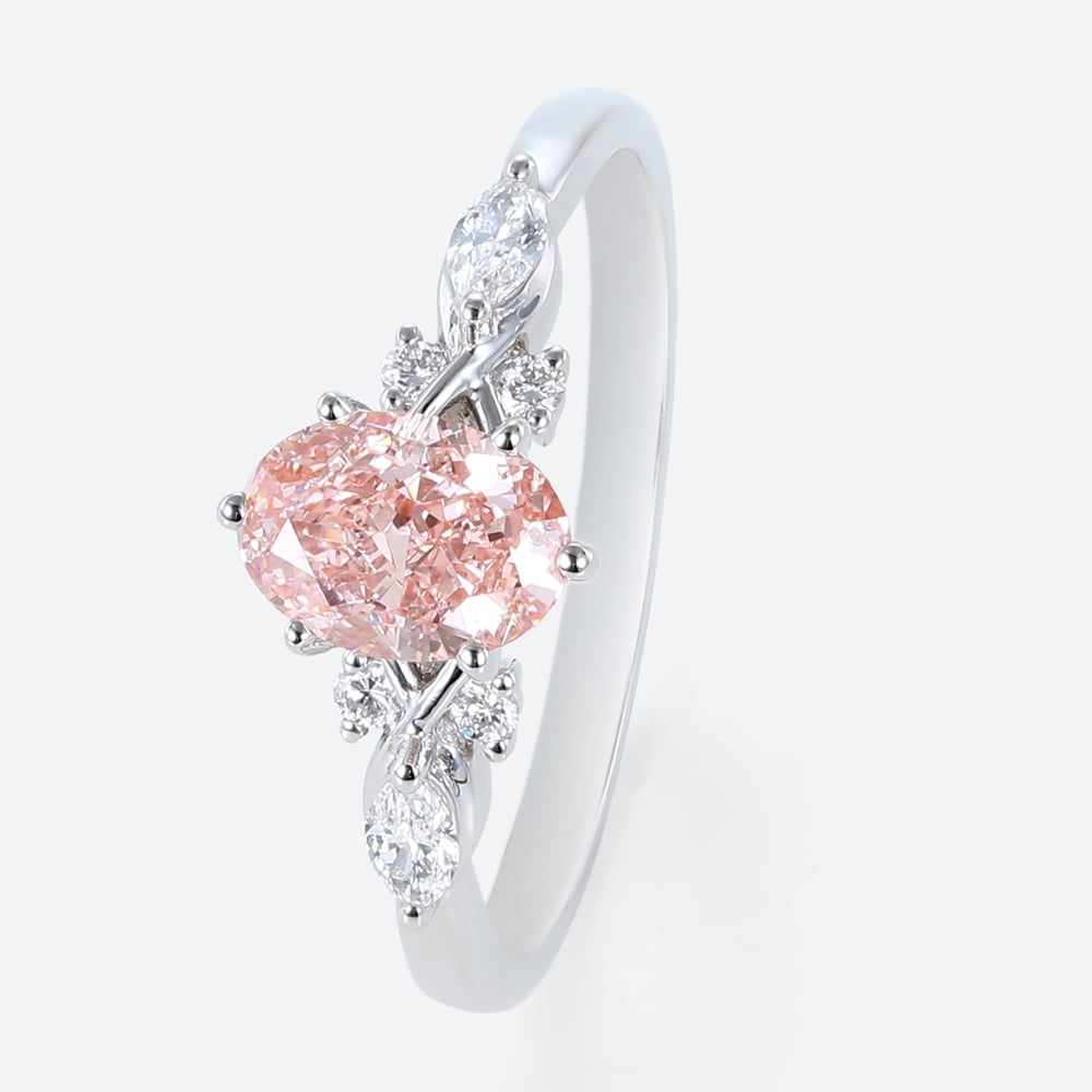 White Gold Oval Cut Pink Diamond Ring 1ct Lab Diamond Cluster 6-Prong Ring