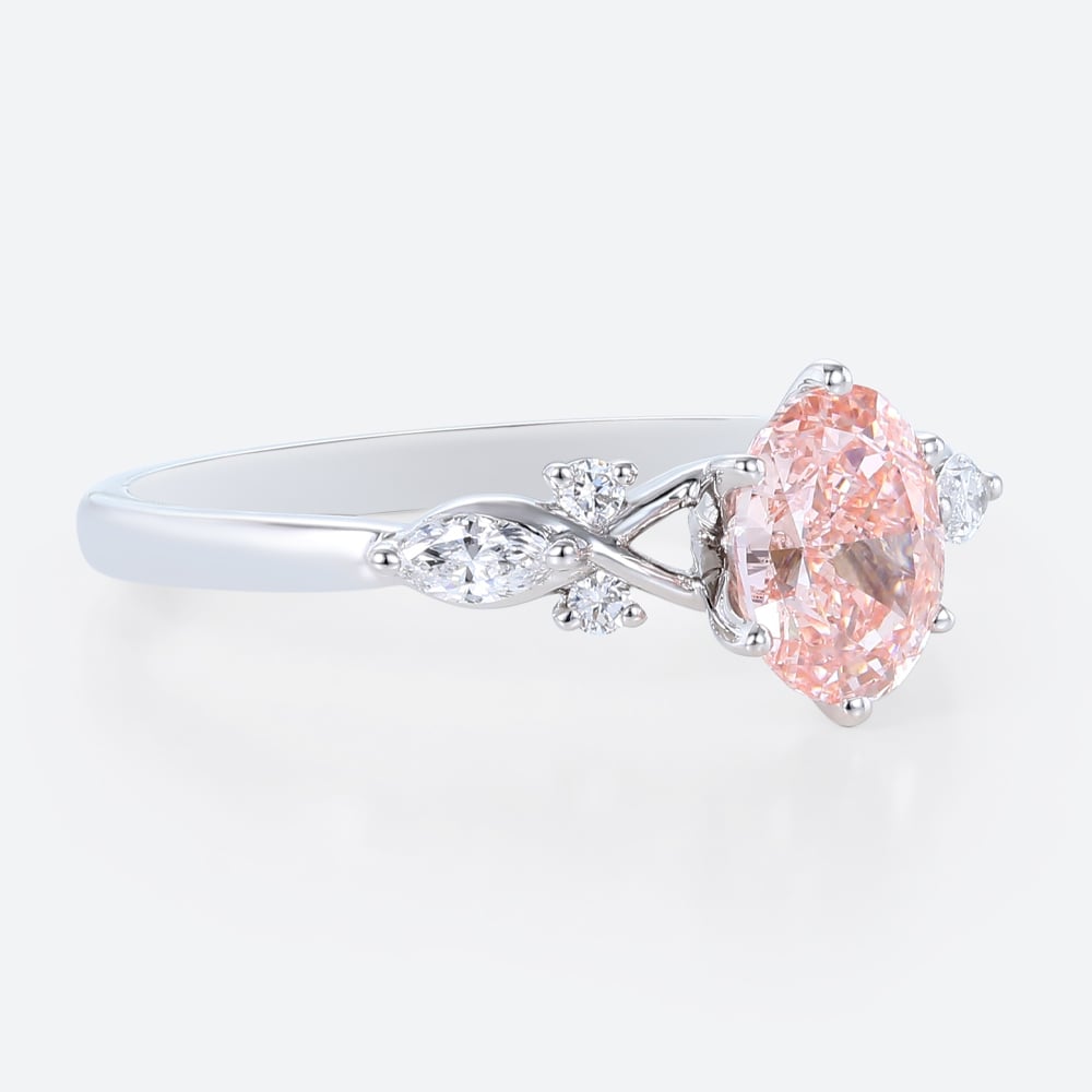 White Gold Oval Cut Pink Diamond Ring 1ct Lab Diamond Cluster 6-Prong Ring