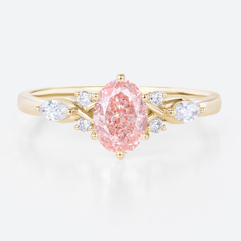 Oval Cut Pink Diamond Ring 1ct Lab Diamond Cluster 6-Prong Ring