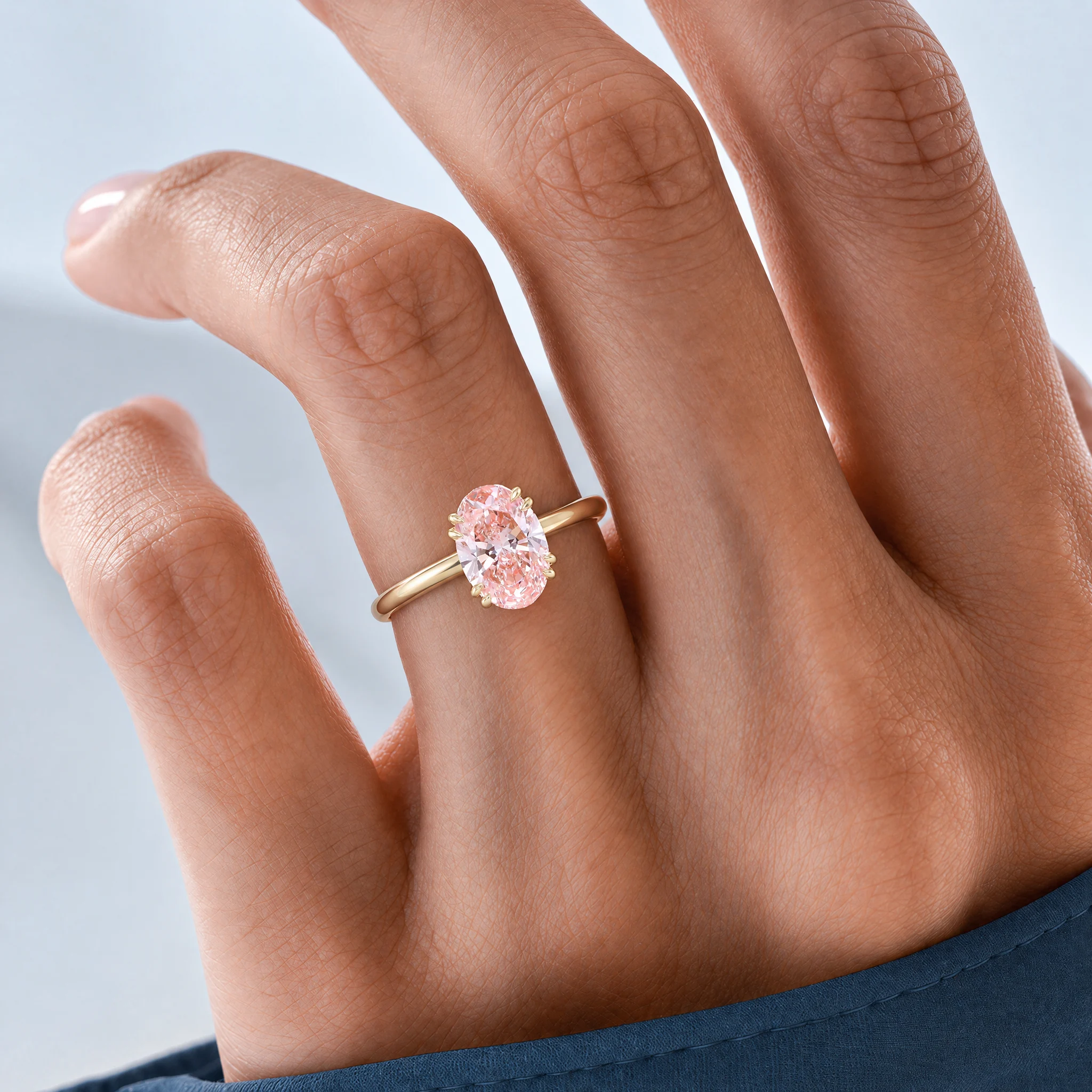 1.5ct Oval Cut Lab Grown Pink Diamond Double-Claw Solitaire Engagement Ring in Yellow Gold