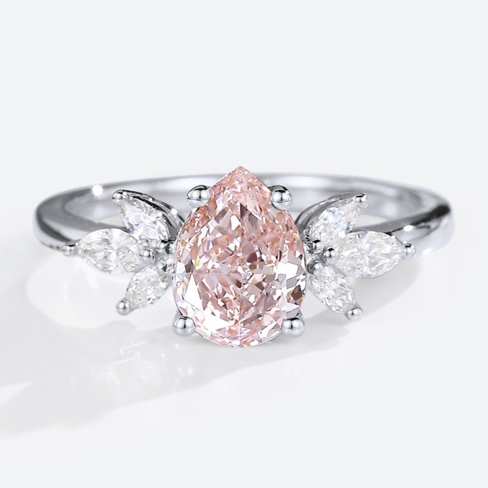 Lab Grown Pink Diamond Ring 1ct Pear Cut Cluster 4 Prong Ring