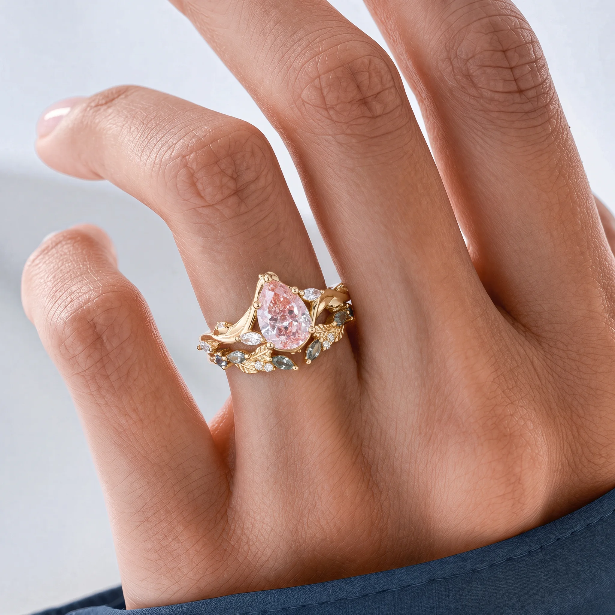 1ct Pear Cut Lab Grown Pink Diamond Floral Vine Bridal Ring Set in Rose Gold