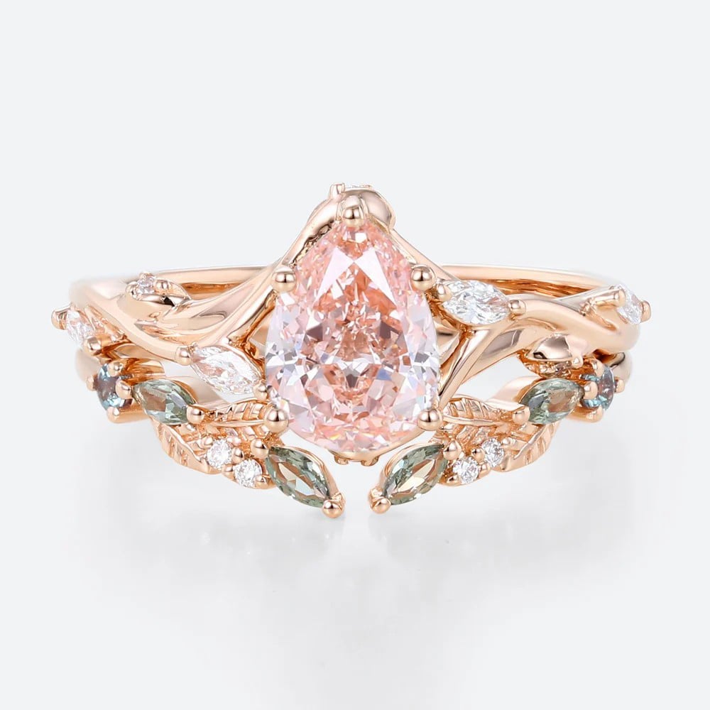 Holiday Proposal 1ct Lab Pink Diamond Engagement Ring​ Set Pear Shaped Leaf Vine 5-Prong Engagement Ring in Rose Gold