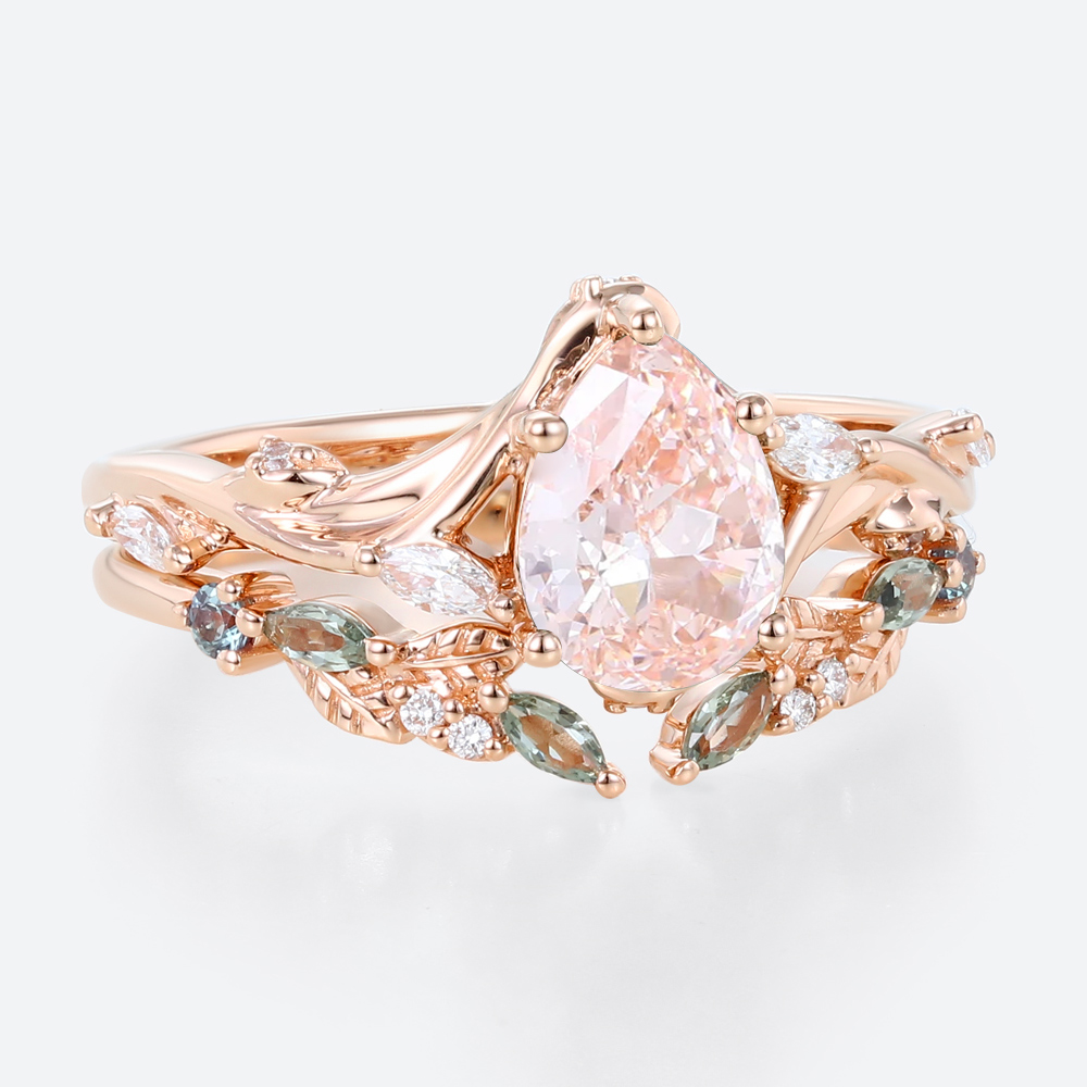 1ct Lab Pink Diamond Engagement Ring​ Set Pear Shaped Leaf Vine 5-Prong Engagement Ring in Rose Gold