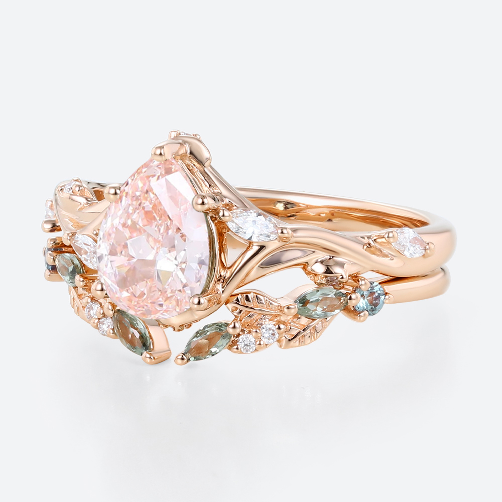 1ct Lab Pink Diamond Engagement Ring​ Set Pear Shaped Leaf Vine 5-Prong Engagement Ring in Rose Gold
