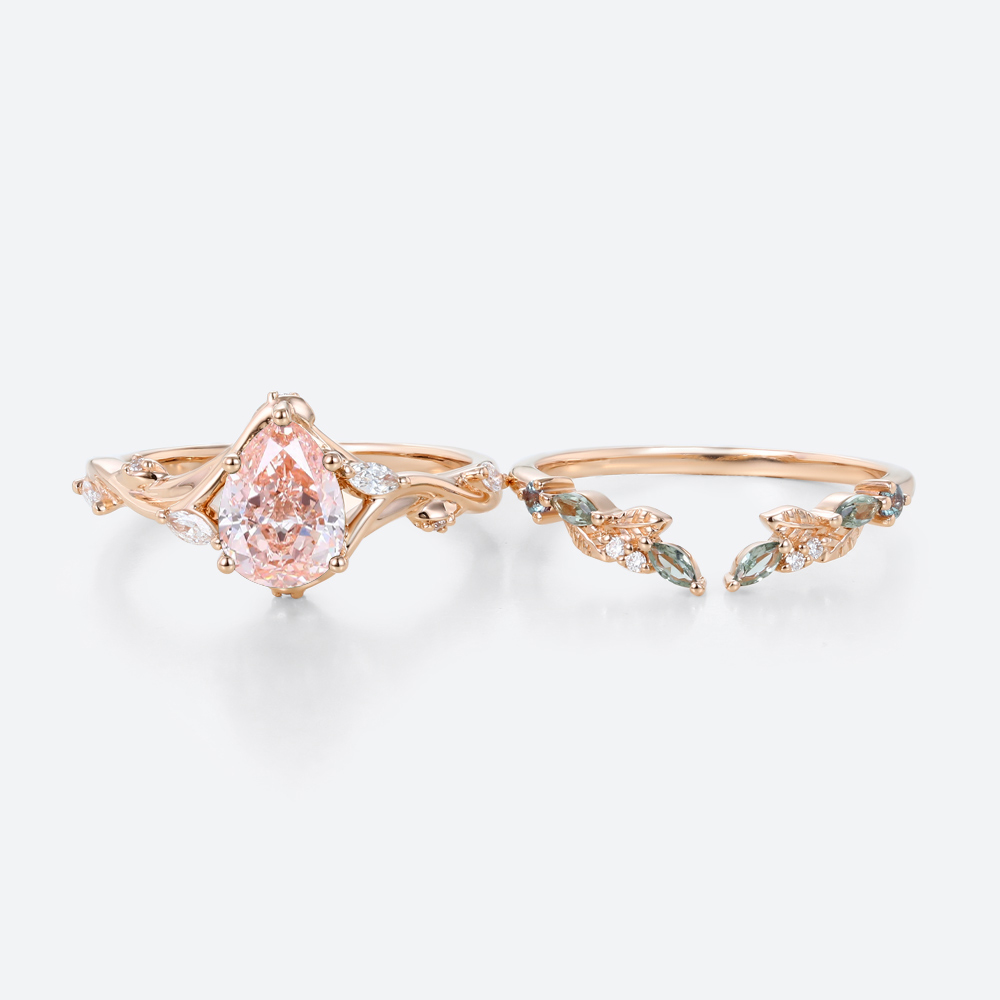 1ct Lab Pink Diamond Engagement Ring​ Set Pear Shaped Leaf Vine 5-Prong Engagement Ring in Rose Gold