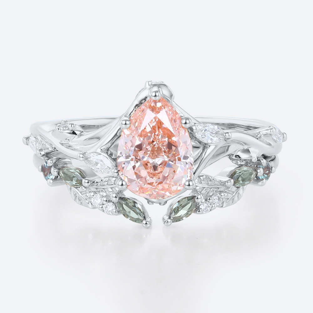1ct Lab Pink Diamond Engagement Ring​ Set Pear Shaped Leaf Vine 5-Prong Engagement Ring in White Gold