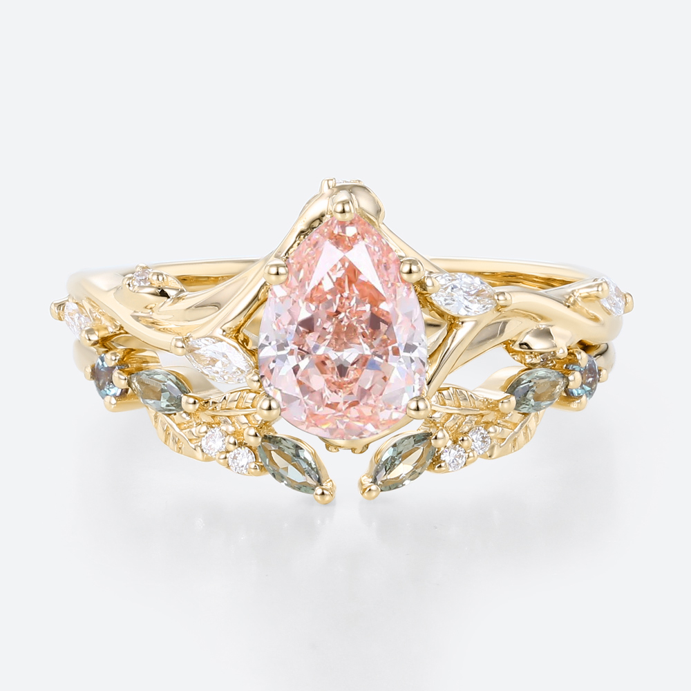 1ct Lab Pink Diamond Engagement Ring​ Set Pear Shaped Leaf Vine 5-Prong Engagement Ring in Yellow Gold