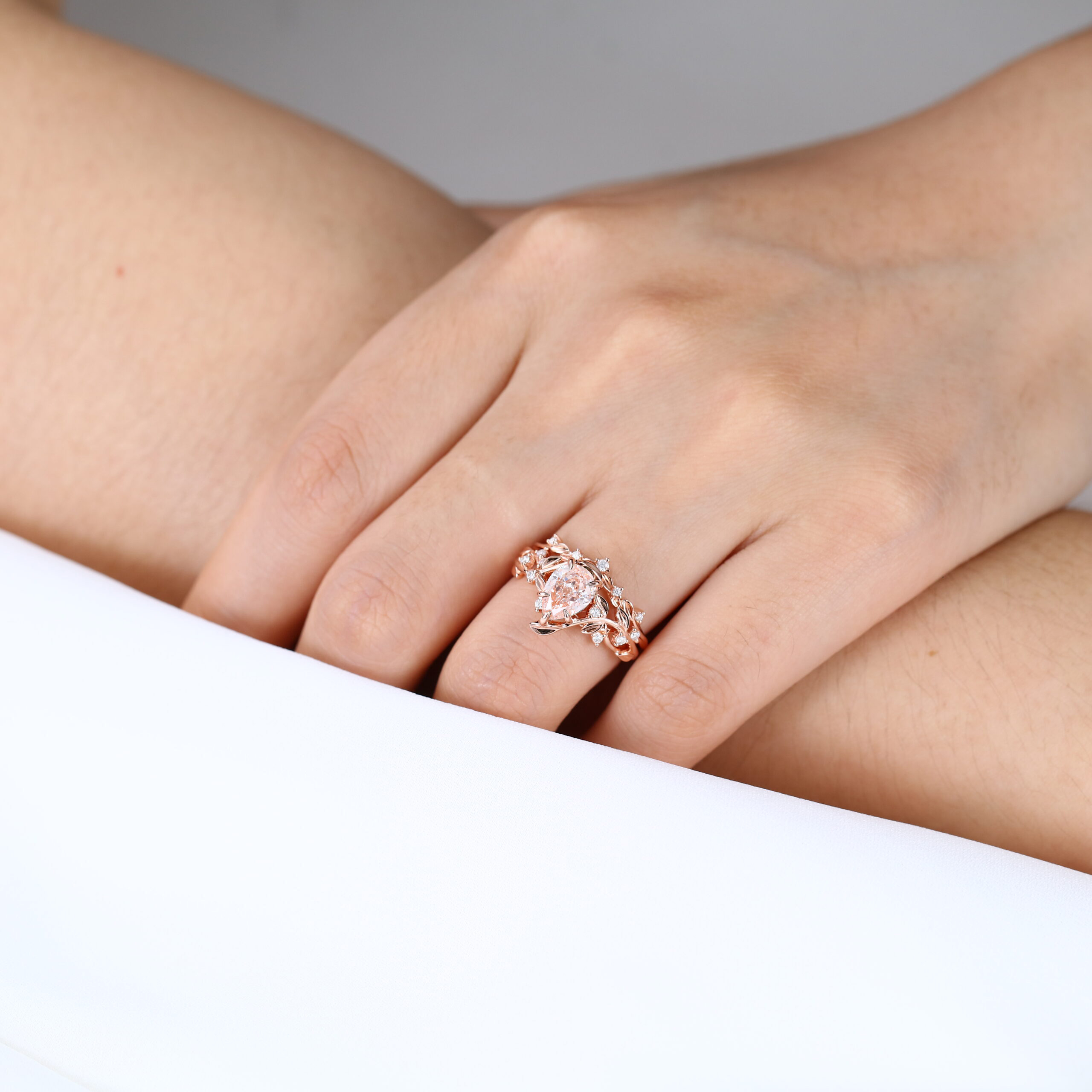 1ct Lab Diamond Ring with Pink Diamond Pear Shaped Nature's Embrace 5 Claw Prong Engagement Ring Set in Rose Gold