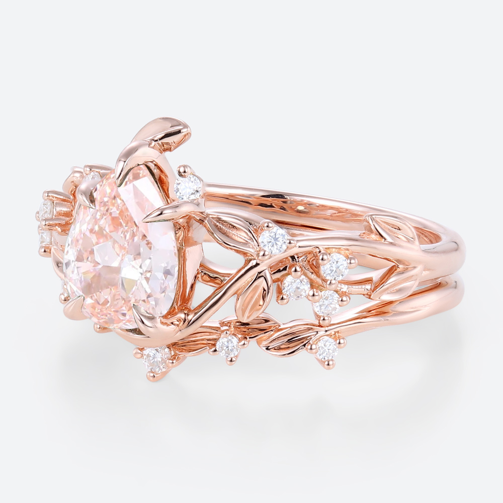 1ct Lab Diamond Ring with Pink Diamond Pear Shaped Nature's Embrace 5 Claw Prong Engagement Ring Set in Rose Gold