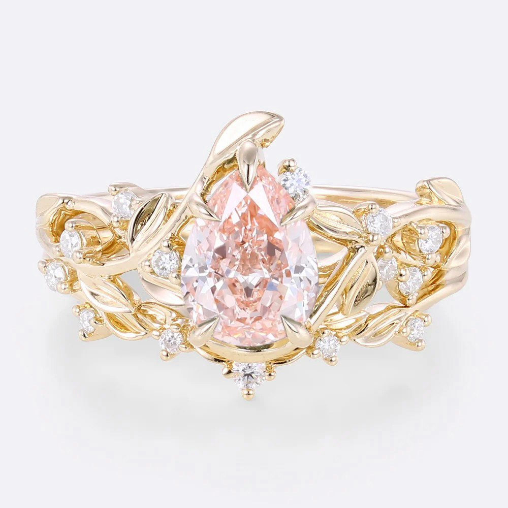 1ct Lab Diamond Ring with Pink Diamond Pear Shaped Nature's Embrace 5 Claw Prong Engagement Ring Set in Yellow Gold