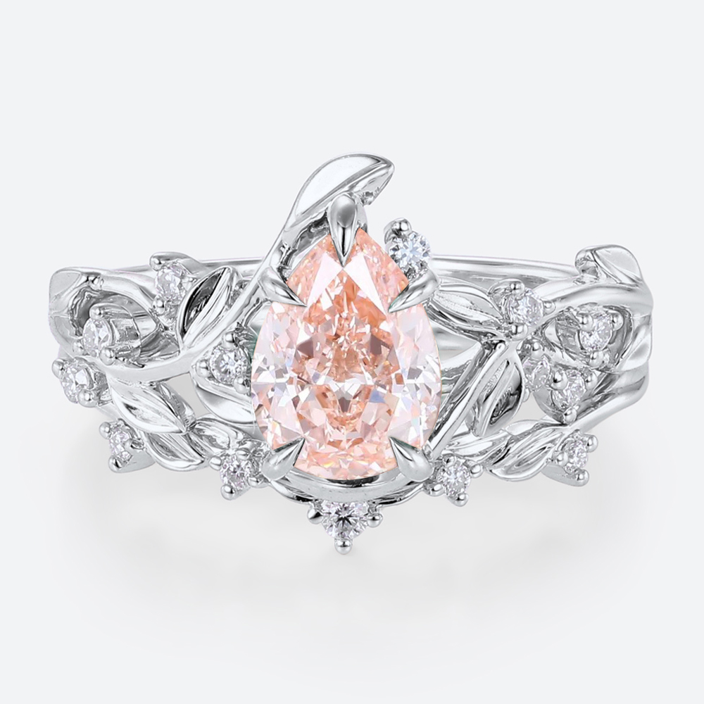 1ct Lab Diamond Ring with Pink Diamond Pear Shaped Nature's Embrace 5 Claw Prong Engagement Ring Set in White Gold