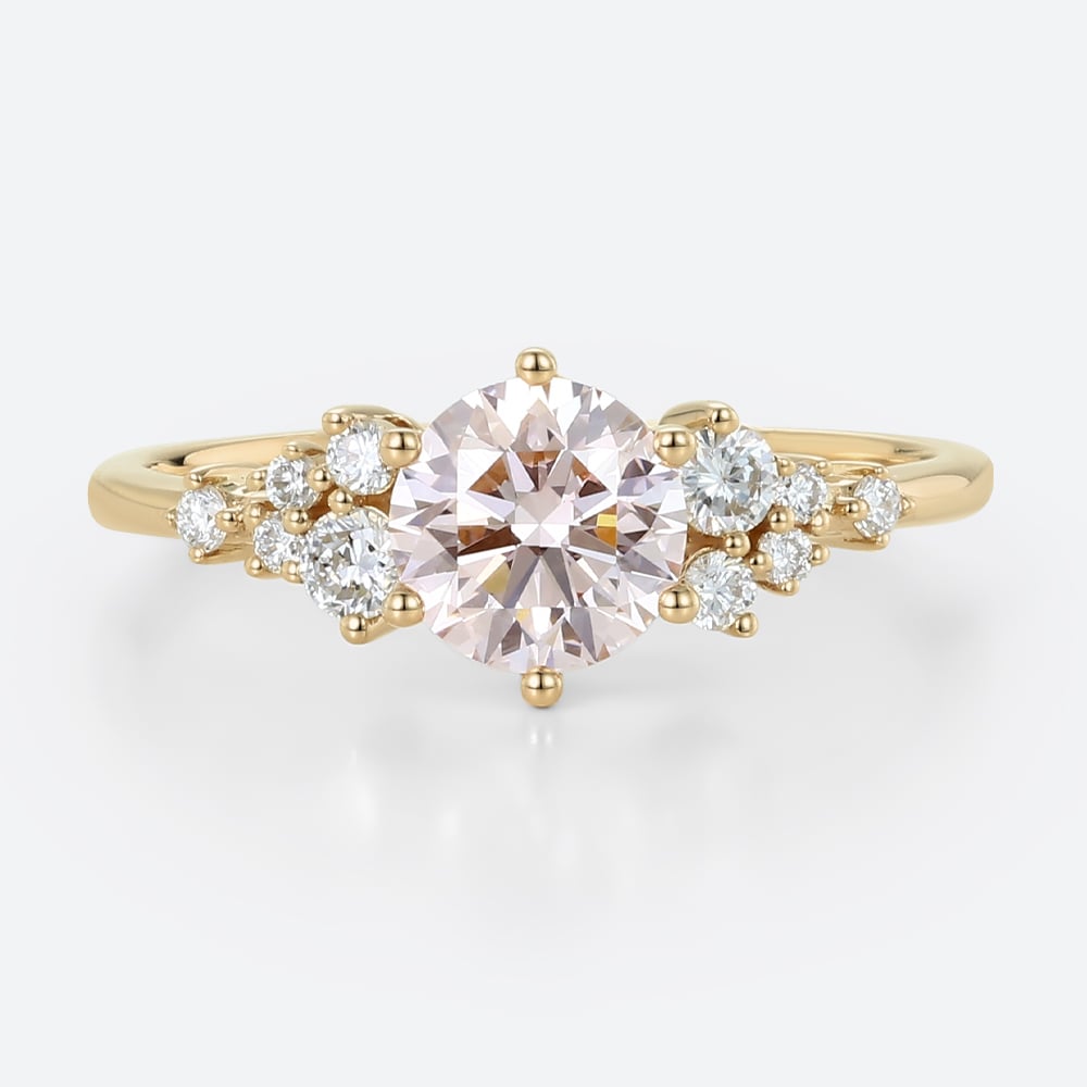 1ct Round Lab Pink Diamond Ring​ Scattered Cluster Engagement Ring in Yellow Gold