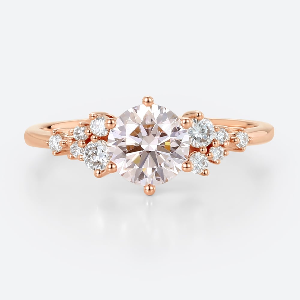1ct Round Lab Pink Diamond Ring​ Scattered Cluster Engagement Ring in Rose Gold