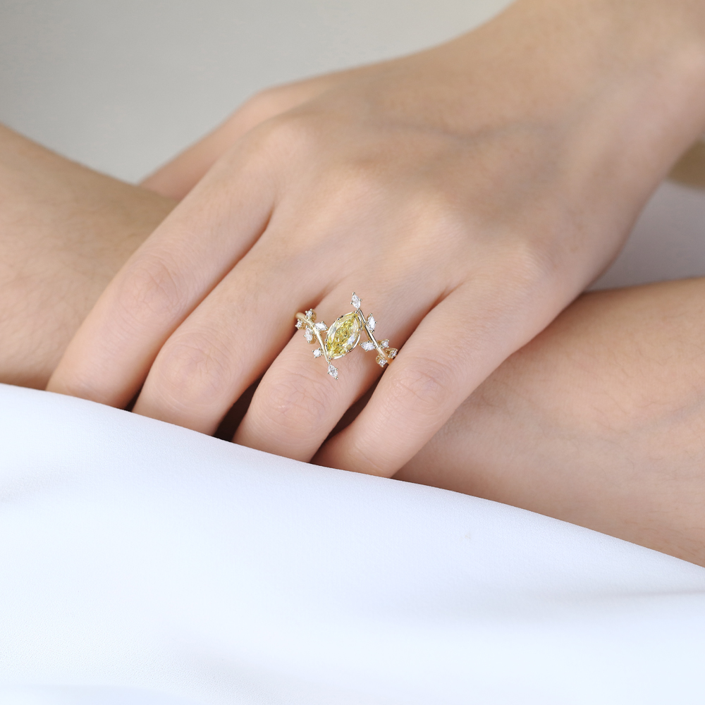 Marquise Cut Lab Yellow Diamond Ring 1ct Fancy Yellow Vintage Bridal Ring in Yellow Gold