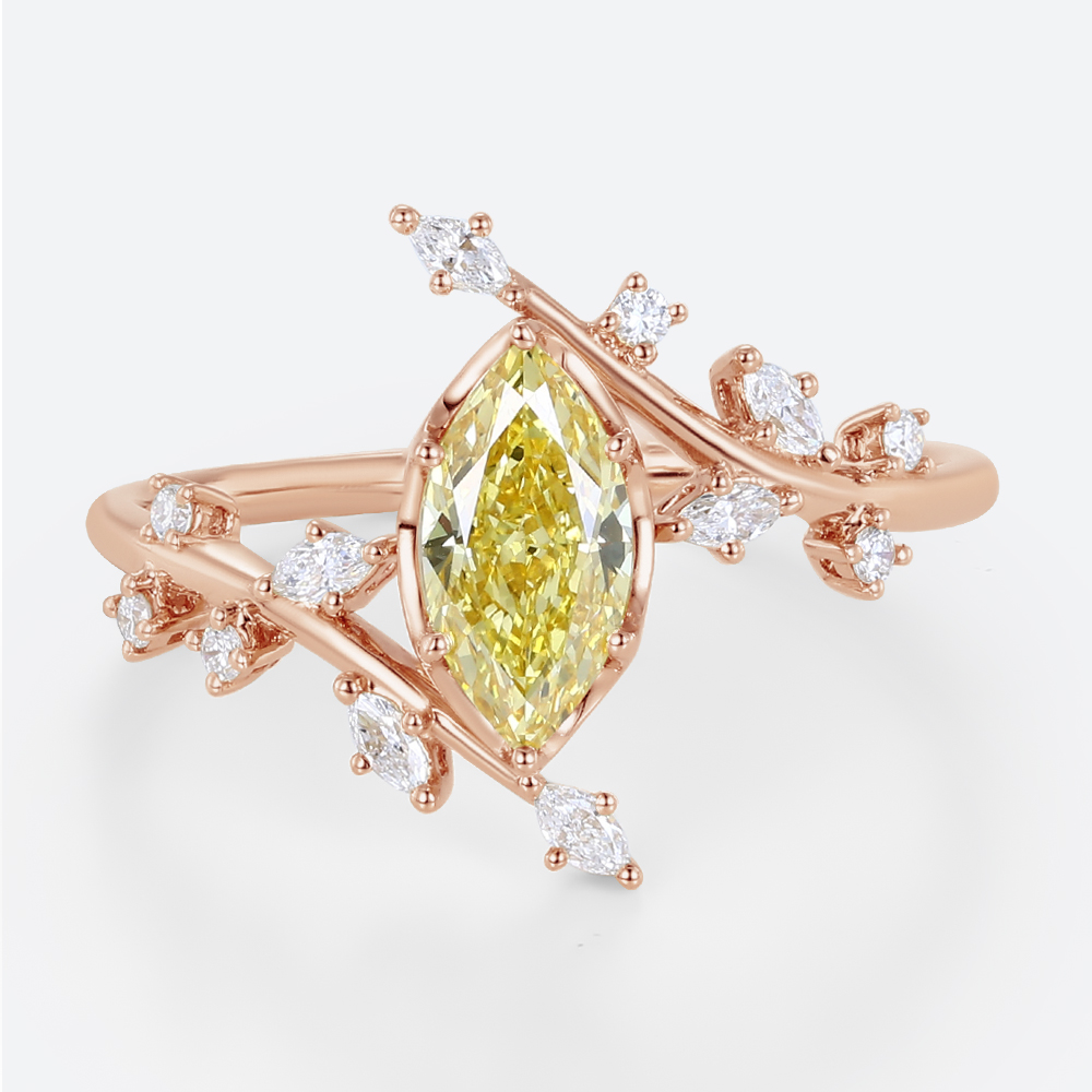 Marquise Cut Lab Yellow Diamond Ring 1ct Fancy Yellow Vintage Bridal Ring in Rose Gold
