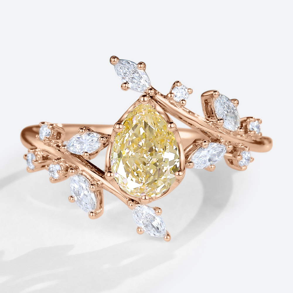 1ct Lab Yellow Diamond Engagement Ring Pear Shaped Leaf Art Deco Ring in Rose Gold