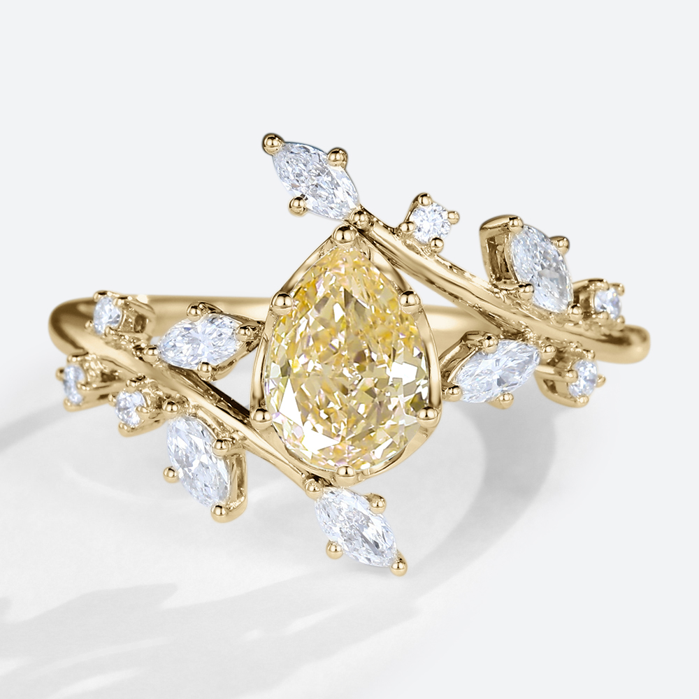 1ct Lab Yellow Diamond Engagement Ring Pear Shaped Leaf Art Deco Ring in Yellow Gold