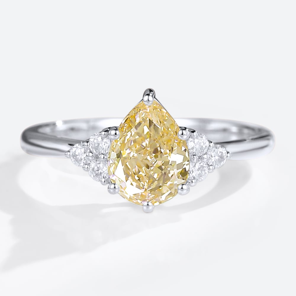 1ct Fancy Yellow VS+ Pear Shaped Lab Grown Yellow Diamond Cluster 6-Prong Engagement Ring