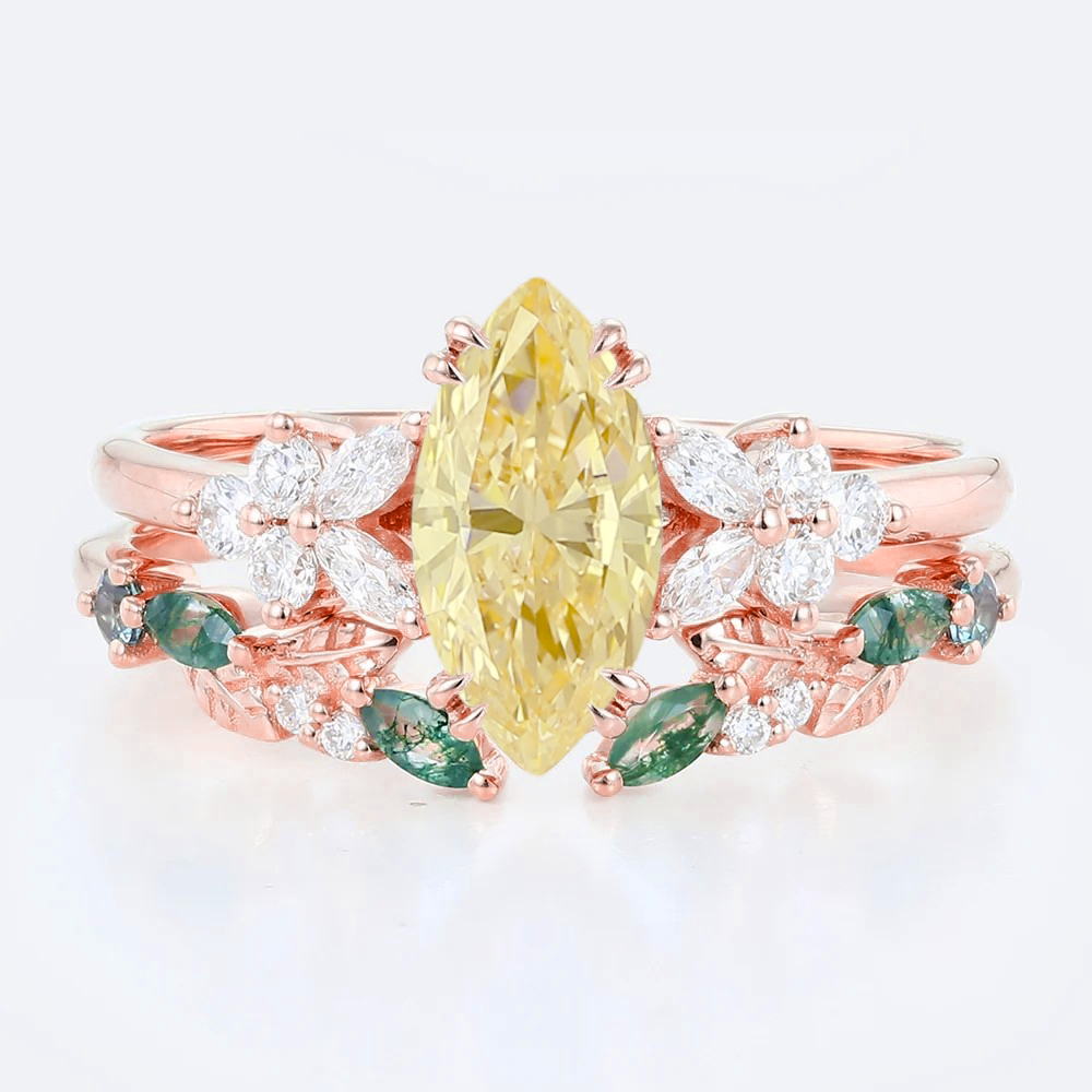 1ct Marquise Cut Lab Yellow Diamond Floral Engagement Ring Set in Rose Gold