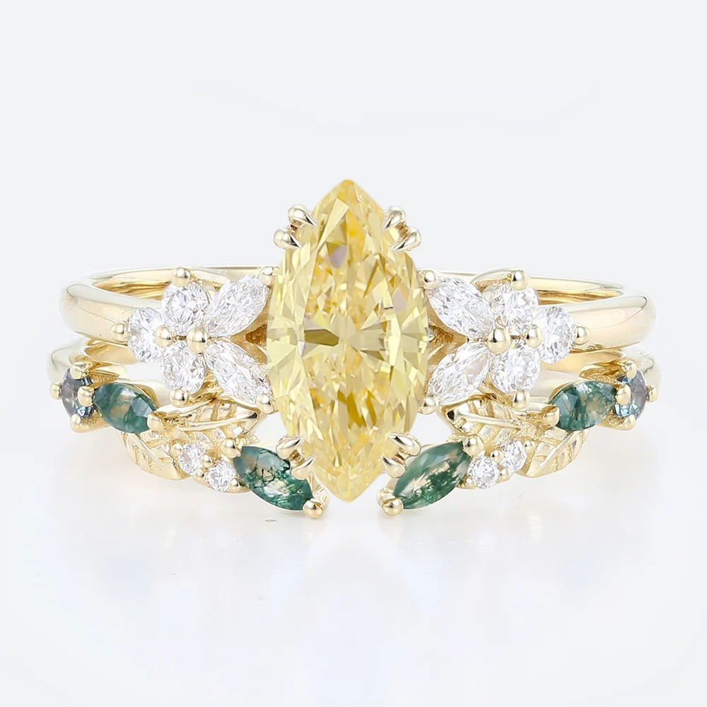1ct Marquise Cut Lab Yellow Diamond Floral Engagement Ring Set in Yellow Gold