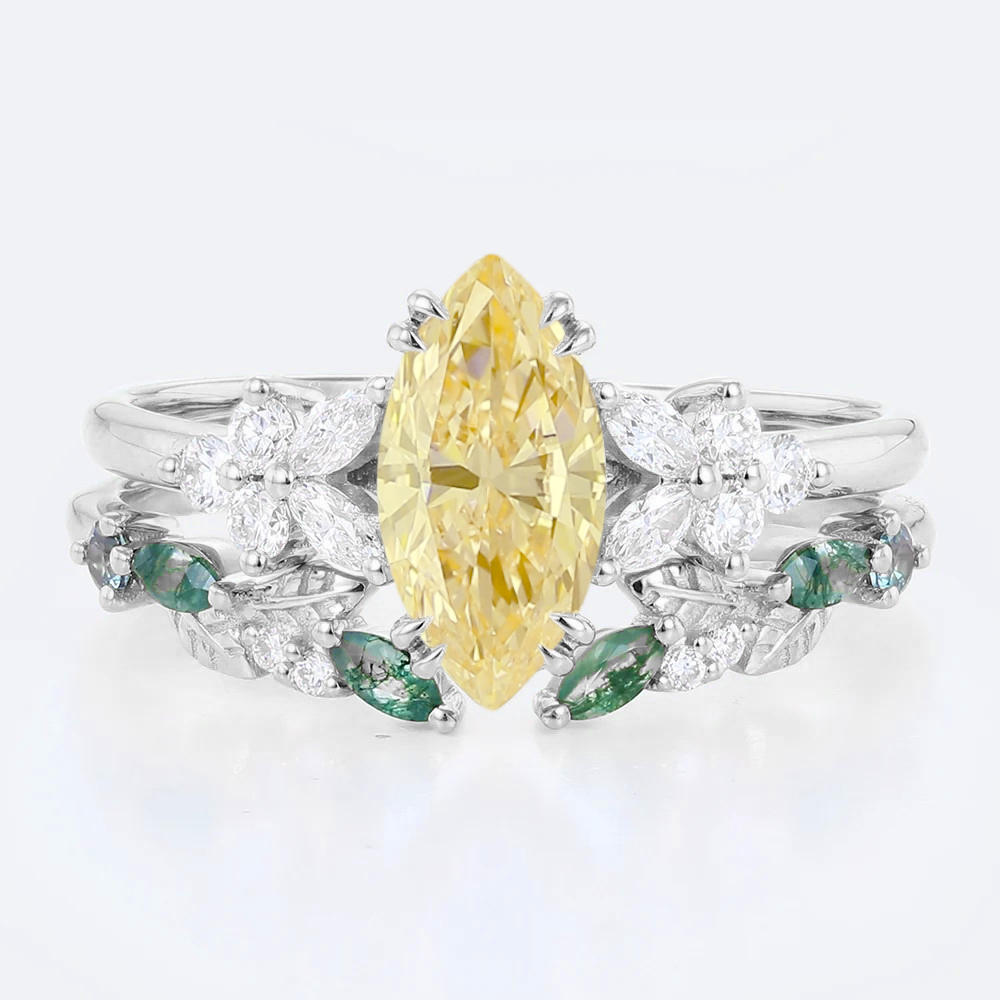 1ct Marquise Cut Lab Yellow Diamond Floral Engagement Ring Set in White Gold