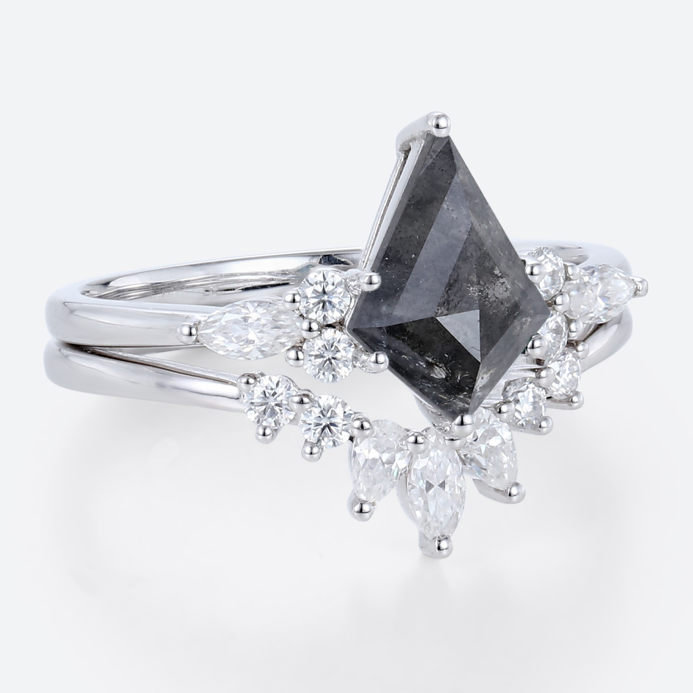 White Gold 2ct Salt and Pepper Diamond Ring Set with Curved Wedding Ring