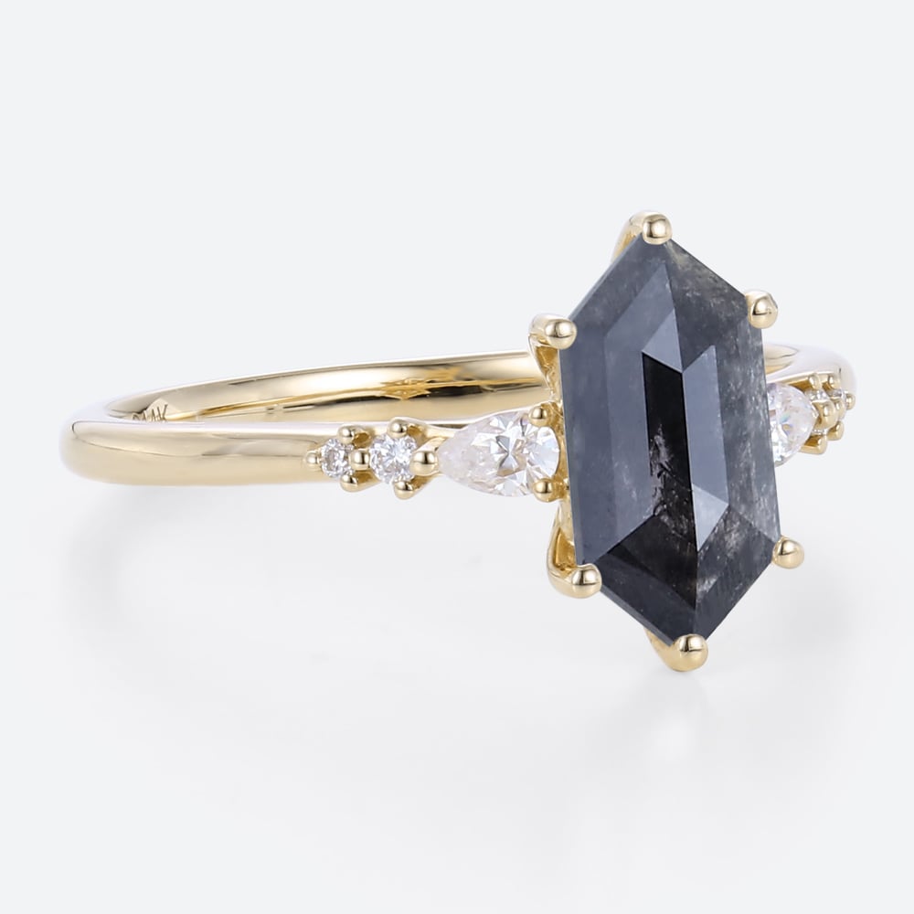 Yellow Gold 1.3ct Elongated Hexagon Cut Salt and Pepper Diamond Ring​ Pear lab Diamond Side Stone Ring