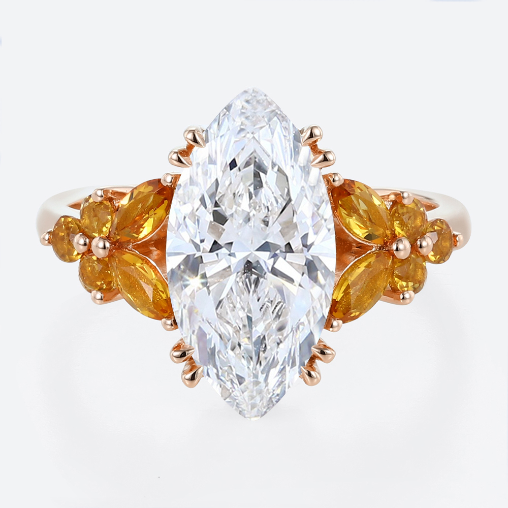 2.5ct Marquise Lab Diamond Ring Flower Citrine Cluster Double 4-Claw Prong Engagement Ring