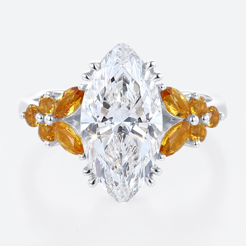2.5ct Marquise Lab Diamond Ring Flower Citrine Cluster Double 4-Claw Prong Engagement Ring