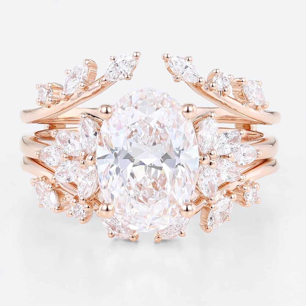 2.5ct Colorless VS+ Oval Cut Lab Grown Diamond Blooming Floral 4-Prong Bridal Ring Set in Rose Gold