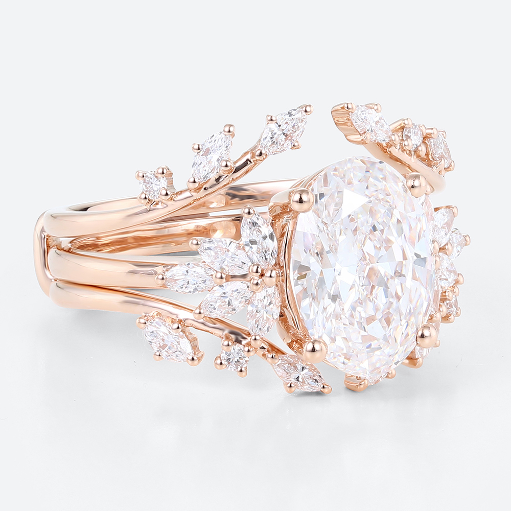 2.5ct Colorless VS+ Oval Cut Lab Grown Diamond Blooming Floral 4-Prong Bridal Ring Set in Rose Gold
